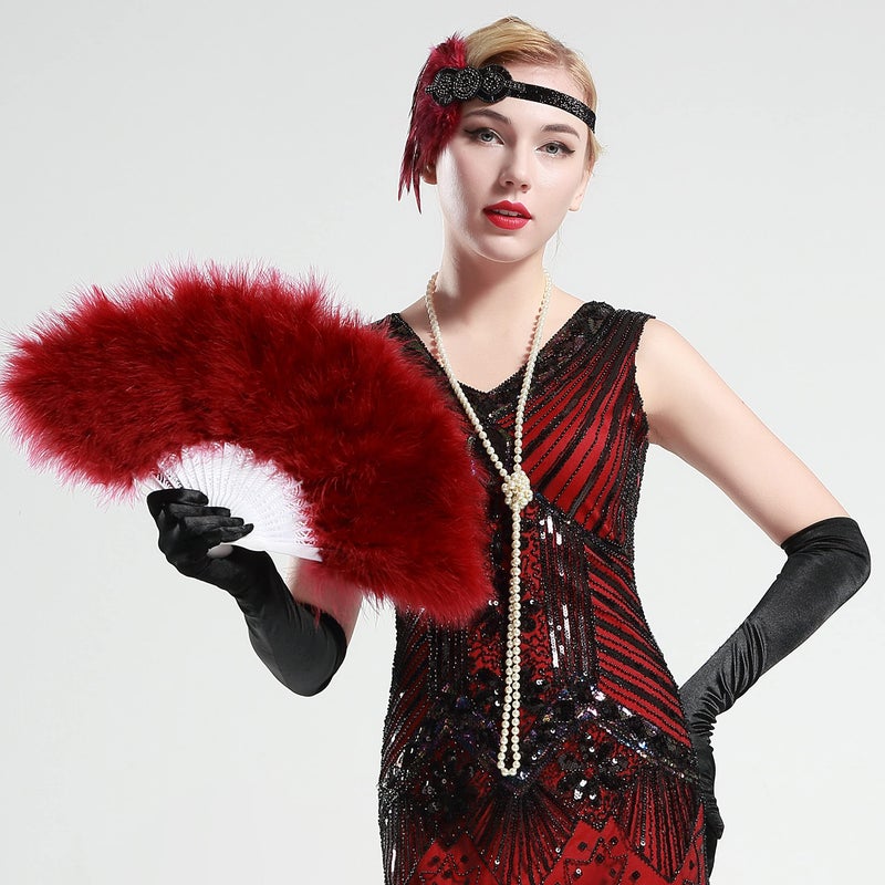 BABEYOND Marabou Feather Fan 20s Vintage Folding Fan Flapper Hand Fan for Costume Dancing Show Tea Party Wedding Decoration (Wine Red) - Image 4